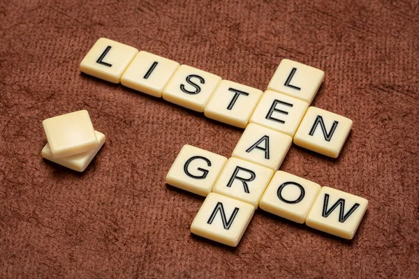 Listen Learn Grow Inspirational Crossword Ivory Letter Tiles Textured Handmade — Stock Photo, Image