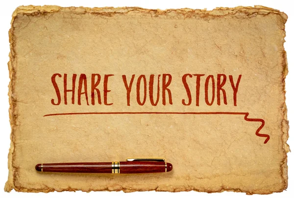 Share Your Story Inspirational Handwriting Tan Toned Heavyweight Deckle Edge — Stock Photo, Image