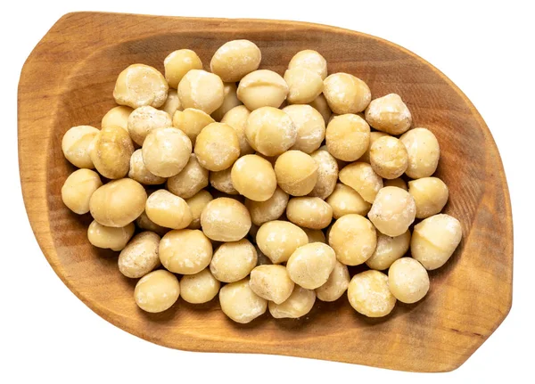 Noci Macadamia Una Ciotola Legno Rustico Isolato Bianco — Foto Stock