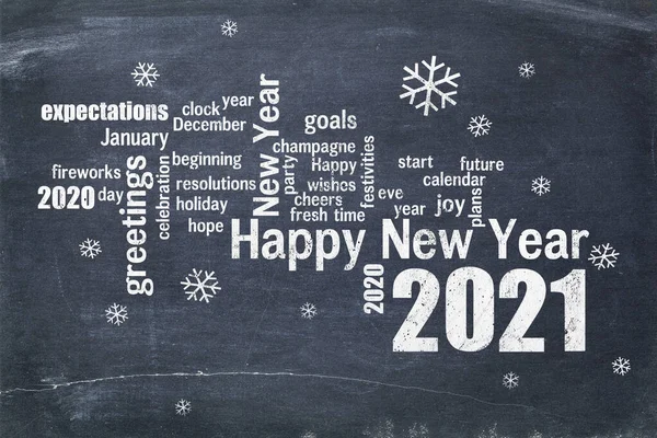 Felice Anno Nuovo 2021 Parola Nuvola Testo Gesso Bianco Una — Foto Stock