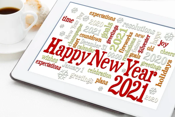 Glückliches Neues Jahr 2021 Wortwolke Auf Einem Digitalen Tablet Mit — Stockfoto