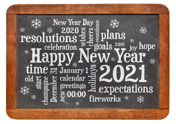 Happy New Year 2021 Word Cloud White Chalk Text Vintage — Foto de Stock