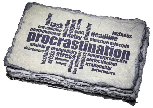 Procrastination Word Cloud Dark Handmade Paper Productivity Personal Development Concept — Stock fotografie