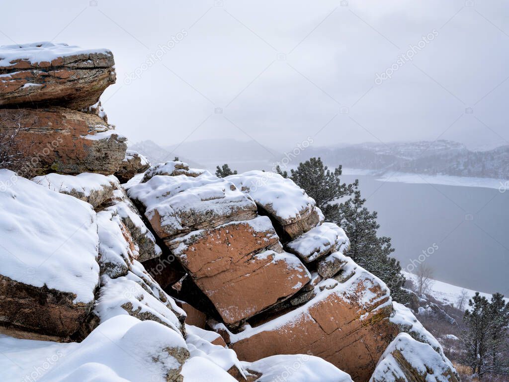 winter scenery of Horsetooth Reservoir, a popular recreation area  in northern Colorado near Fort Collins