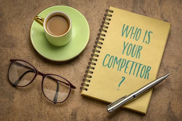 Who Your Competitor Handwriting Spiral Notebook Cup Coffee Starting Building — Fotografia de Stock