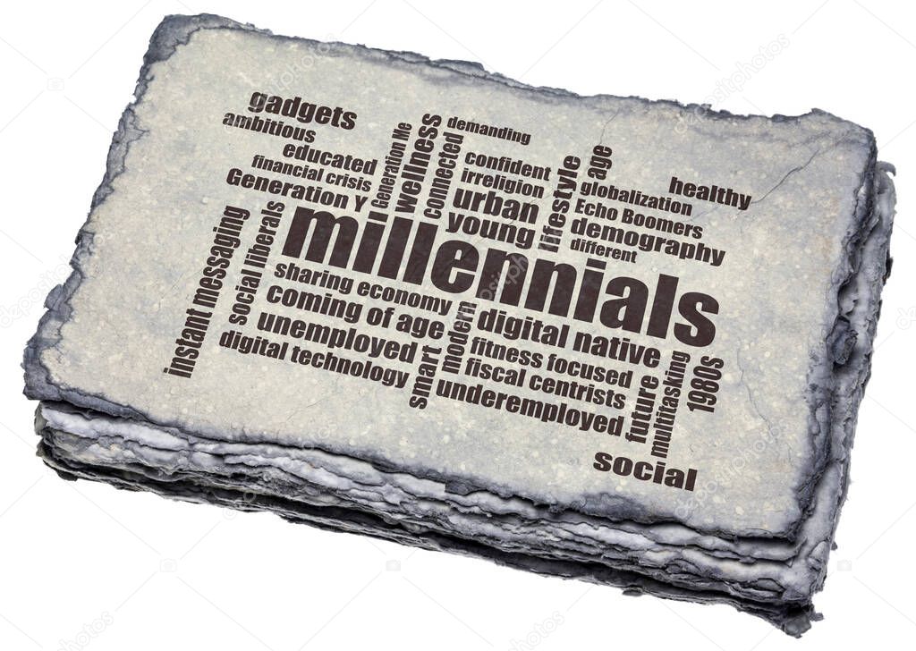 millennials generation word cloud, demography concept - text on a handmade gray toned paper