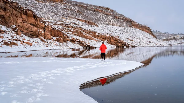 暖かい服装をした男が歩いているか コロラド州ローリー州立公園のホーストース貯水池 山の湖の海岸で冬の風景の中にジョギングしている — ストック写真