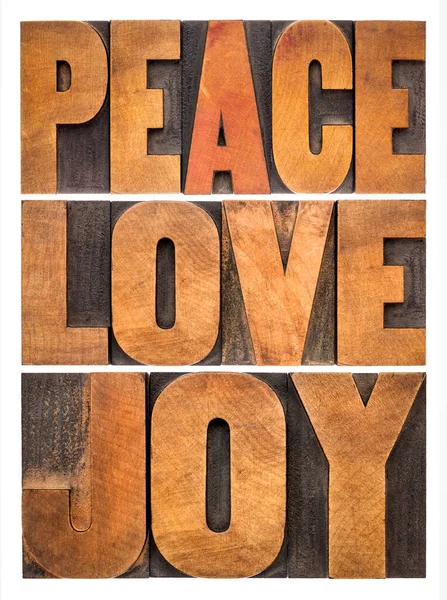 Peace Love Joy Typography Abstract Collage Isolated Words Letterpress Wood — Stock Photo, Image
