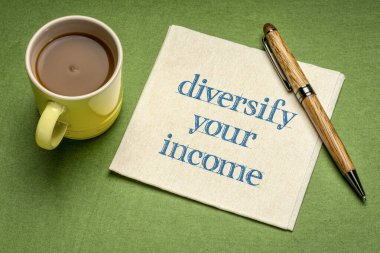 diversify your income note - writing on a napkin with a cup of coffee. business and financial concept clipart