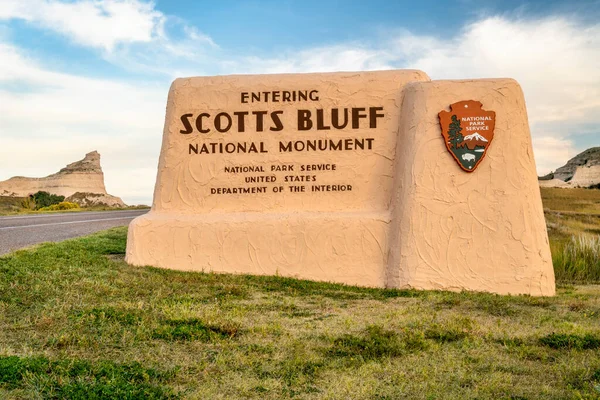 Entrada Sinal Boas Vindas Para Scotts Bluff National Monument Scottsbluff — Fotografia de Stock
