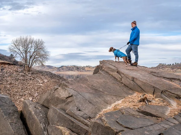 老年男性徒步旅行者与斗牛犬一起在落基山脉山麓的山地湖岸散步 这是科罗拉多州北部秋天或冬季风景最受欢迎的娱乐场所 — 图库照片