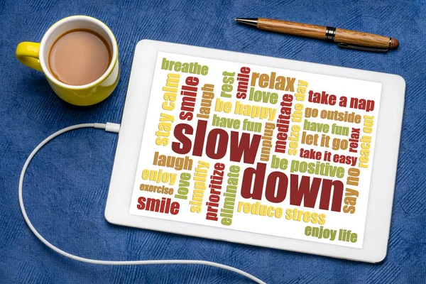 Slow Relax Reducing Stress Tips Form Word Cloud Digital Tablet — Stock Photo, Image