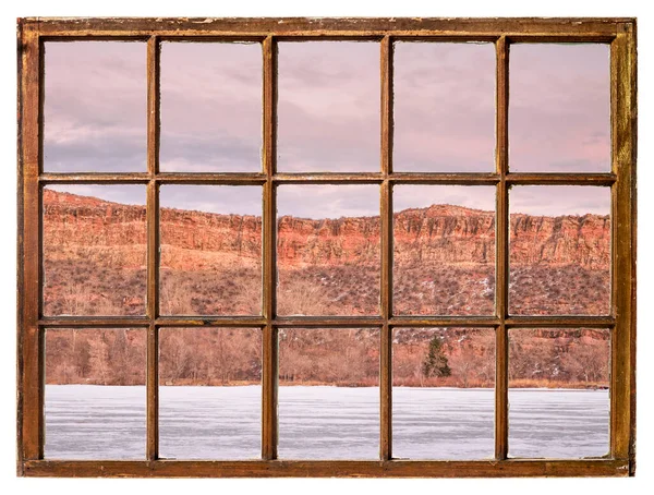 Spokojny Zmierzch Nad Colorado Podgórza Zamarzniętym Jeziorem Piaskowcowym Klifem Jak — Zdjęcie stockowe
