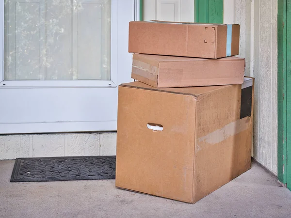 Contactless Home Delivery Product Shopping Stack Cardboard Boxes Left House — Stock Photo, Image