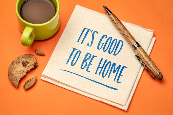 Bom Estar Casa Nota Positiva Manuscrito Guardanapo Com Uma Xícara — Fotografia de Stock