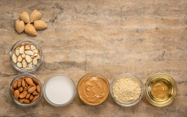 Colección Súper Alimentos Almendras Nueces Harina Rebanadas Leche Aceites Mantequilla — Foto de Stock