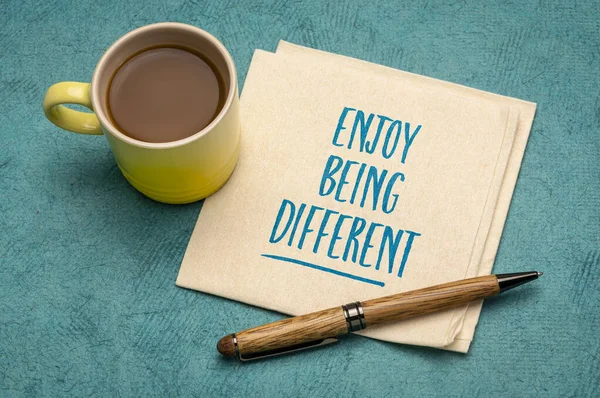 Enjoy Being Different Inspirational Note Handwriting Napkin Cup Coffee Nonconformism — Stock Photo, Image