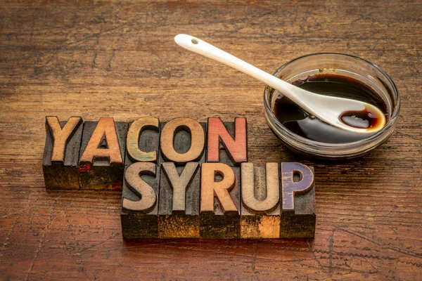 Small Bowl Yacon Syrup Rustic Weathered Wood Text Vintage Letterpress — Stock Photo, Image