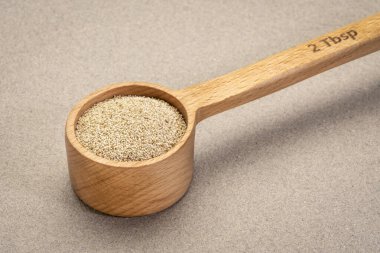 Ahşap bir kepçenin içindeki glütensiz fildişi tüylü tahıl, Etiyopya ve Eritre 'de önemli gıda tahılları