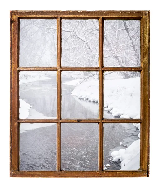 Heavy Snowstorm Small River Northern Colorado Viewed Vintage Cabin Window — Stock Photo, Image