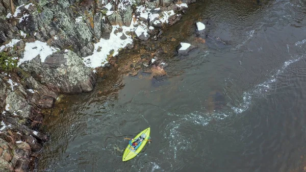 Paddling Inflatable Whitewater Kayak Mountain River Poudre River Colorado Aerial — Stockfoto