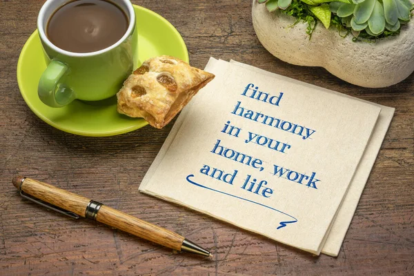 Find Harmony Your Home Work Life Inspirational Handwriting Napkin Cup — Stock Photo, Image