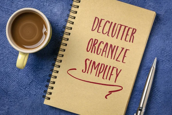 Declutter Organize Simplify Motivational Handwriting Spiral Notebook Cup Coffee Business — Stock Photo, Image