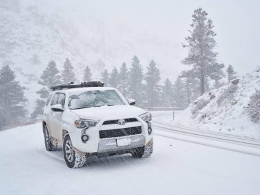 Fort Collins, CO, ABD - 19 Nisan 2021: Toyota 4Runner SUV (2016 Trail modeli) Colorado Rocky Dağları 'ndaki Poudre Nehri Kanyonu' nda şiddetli bir kar fırtınasında.