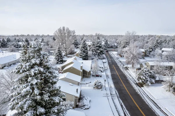 Street Residential Area Fort Collins Northern Colorado Springtime Snowstorm Aerial — Stock Photo, Image