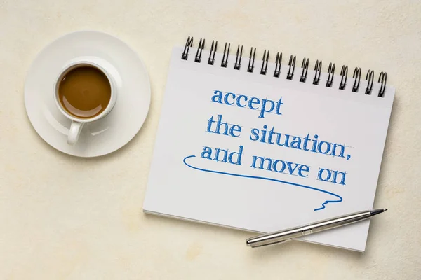 Accept Situation Move Inspirational Words Spiral Sketchbook Cup Coffee Personal — Stock Photo, Image