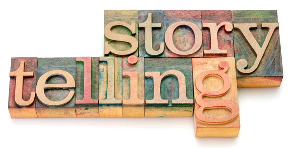 Storytelling Isolate Word Abstract Vintage Letterpress Wood Type Printing Blocks — Stock Photo, Image