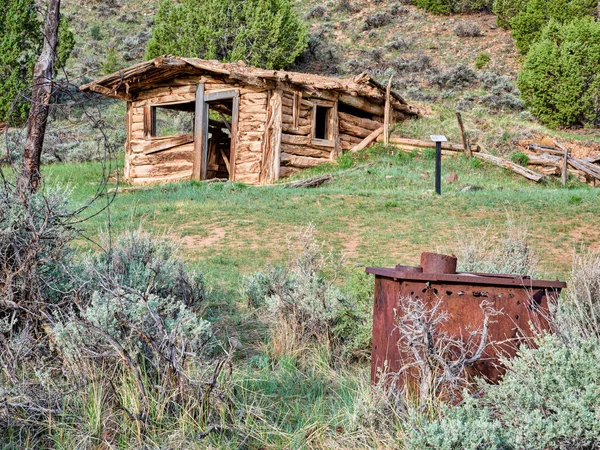 Rusty Oven Small Old Log Cabin Sits Hillside Surrounded Grass — Zdjęcie stockowe