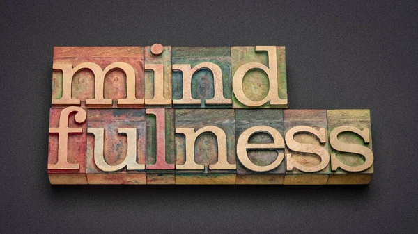 Mindfulness Word Abstract Banner Awareness Concept Text Vintage Letterpress Wood — Stock Photo, Image