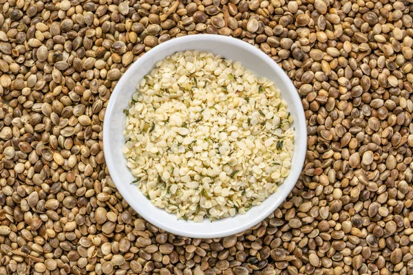 Hemp Seed Hearts Small Ceramic Bowl Background Dry Seeds Superfood — Stock Photo, Image