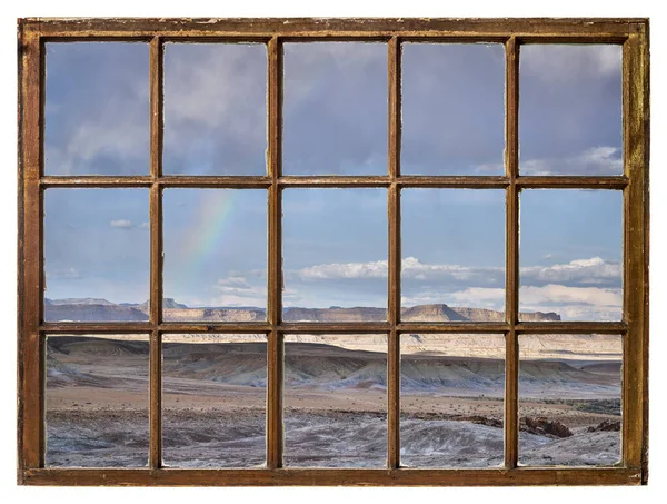 Paysage Désert Rocheux Avec Arc Ciel Une Fenêtre Cabine Vintage — Photo