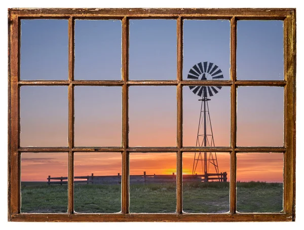 Windmill Water Pump Tank Sunrise Prairie Seen Vintage Sash Window — Stock Photo, Image