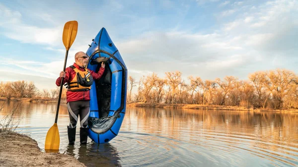 Senior Male Paddler Standing Inflatable Packraft Paddle Lake Shore Early — Stock Photo, Image