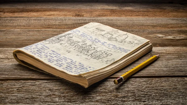 Vintage Diario Viaje Con Escritura Mano Bocetos Lápiz Comunicado Propiedad — Foto de Stock