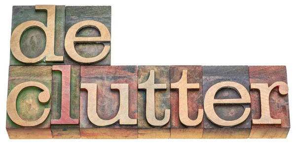 Declutter Isolated Word Abstract Vintage Letterpress Wood Type Stained Color — Stock Photo, Image