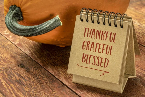 Thankful Grateful Blessed Inspirational Words Pumpkin Handwriting Spiral Sketchbook Thanksgiving — Stock Photo, Image