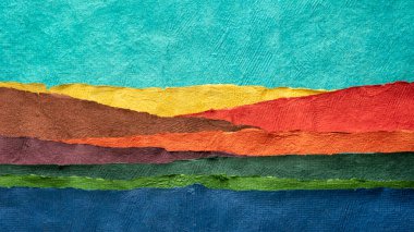 blue sky over hills and lake - colorful landscape abstract created with sheets of handmade textured bark paper clipart
