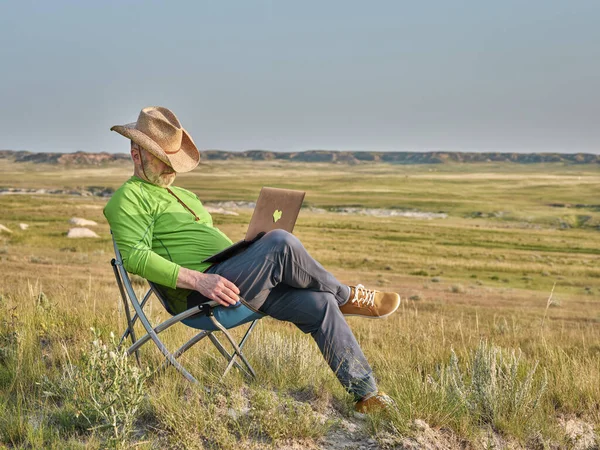 Senior Man Cowboy Hat Taking Nap Folding Chair While Working — Stock Photo, Image