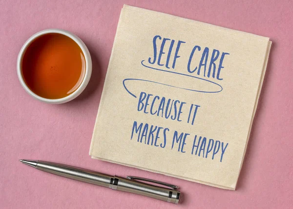 Self Care Because Makes Happy Inspirational Reminder Handwriting Napkin Lifestyle — Stock Fotó