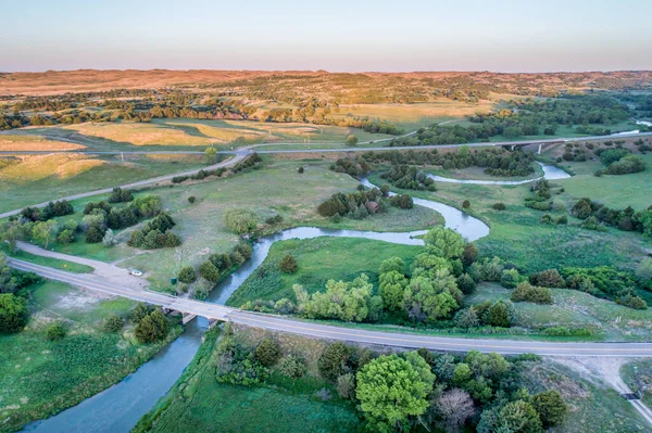 Flygfoto Över Motorväg Och Broar Över Den Dystra Floden Nebraska — Stockfoto