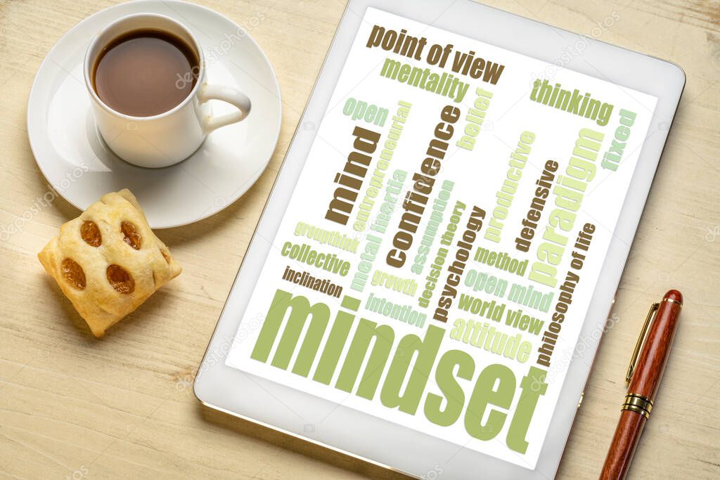 mindset  word cloud on a digital tablet with a cup of coffee and cookie
