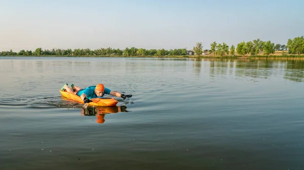 Athletic Senior Man Paddling Prone Kayak Lake Colorado Water Sport — Stock Photo, Image