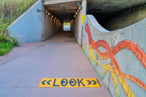 自転車道とクリークは地下道を通って洪水の危険性を警告します — ストック写真