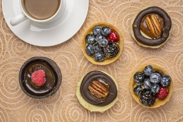 Fruit Nut Mini Tarts Cup Coffee Dessert Flat Lay — Stock Photo, Image
