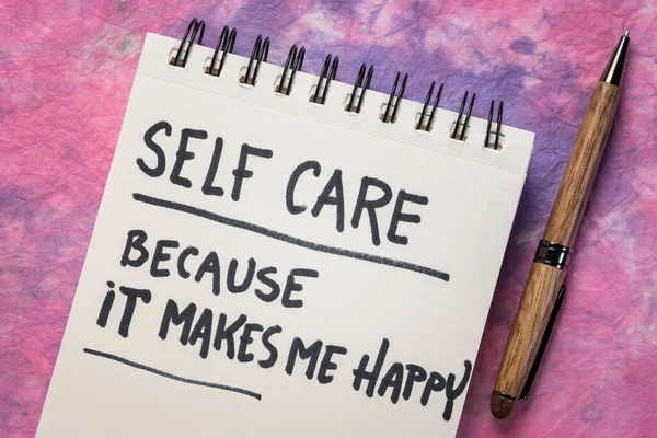 Self Care Because Makes Happy Inspirational Reminder Handwriting Spiral Notebook — Stock Photo, Image