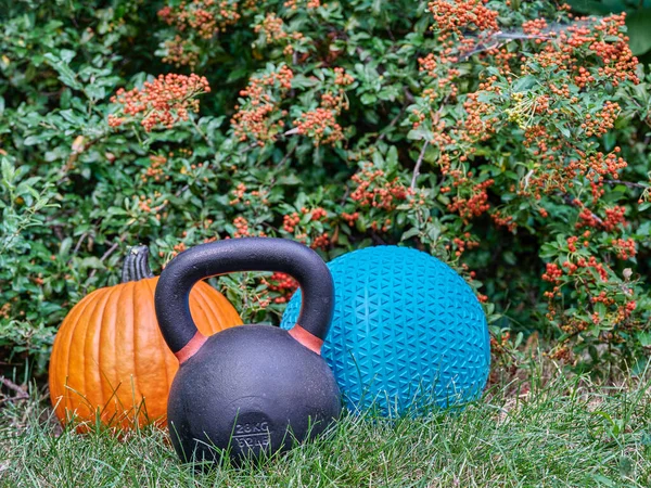 Kettlebell Fer Boule Slam Caoutchouc Remplie Sable Citrouille Dans Jardin — Photo